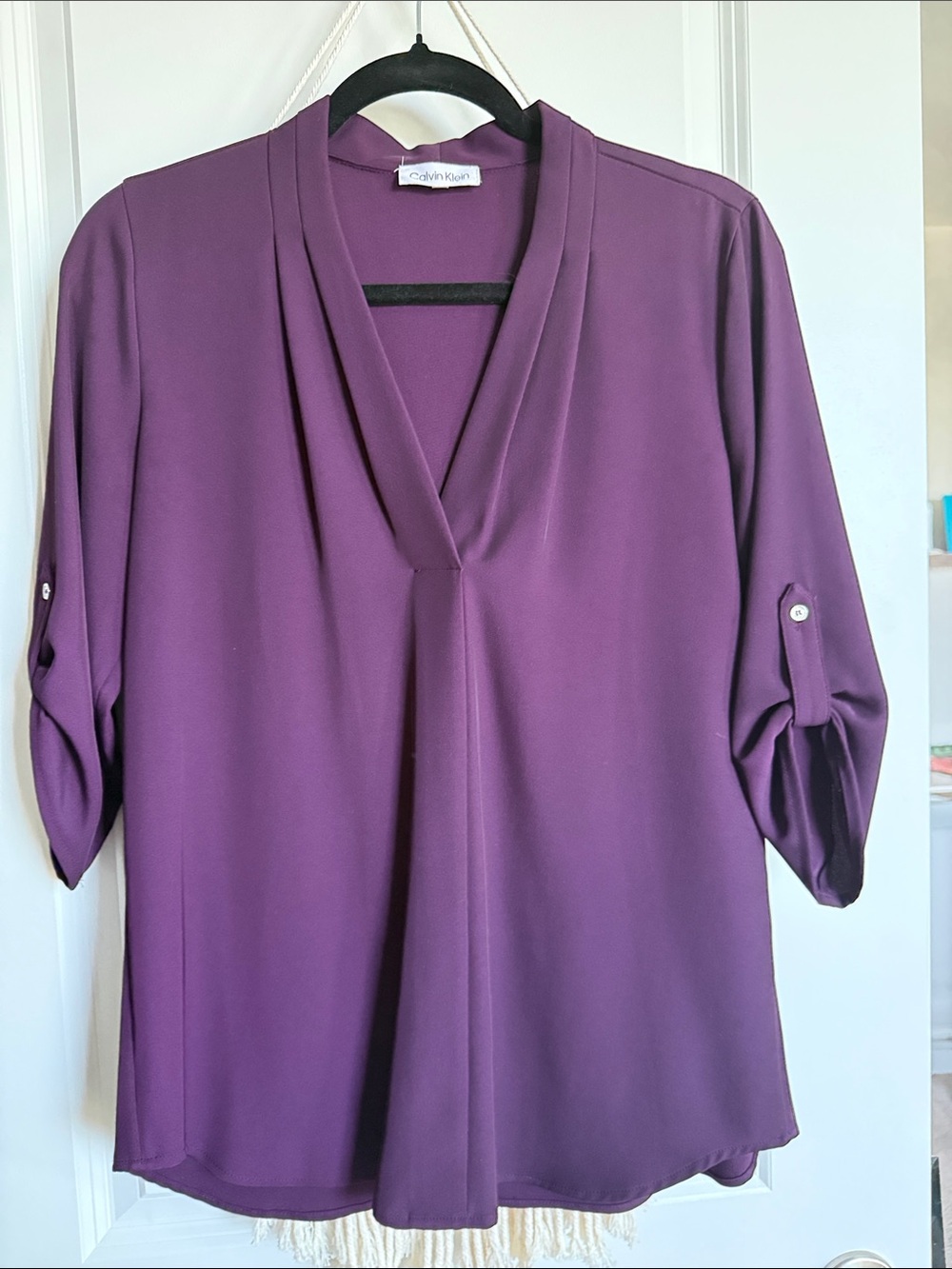 Calvin Klein Plum V-Neck Roll-Tab Blouse
